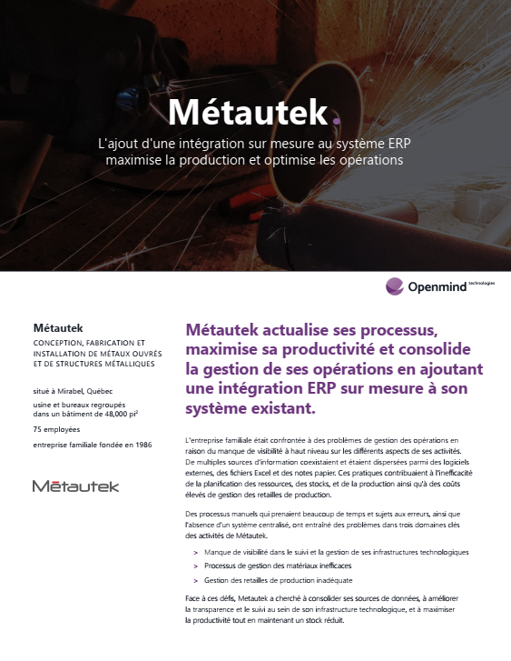 Le parcours de Metautek pour relever les défis logiciels des fabricants de produits métalliques Découvrez comment un grand fabricant de produits métalliques a réussi à mettre en place des solutions personnalisées.