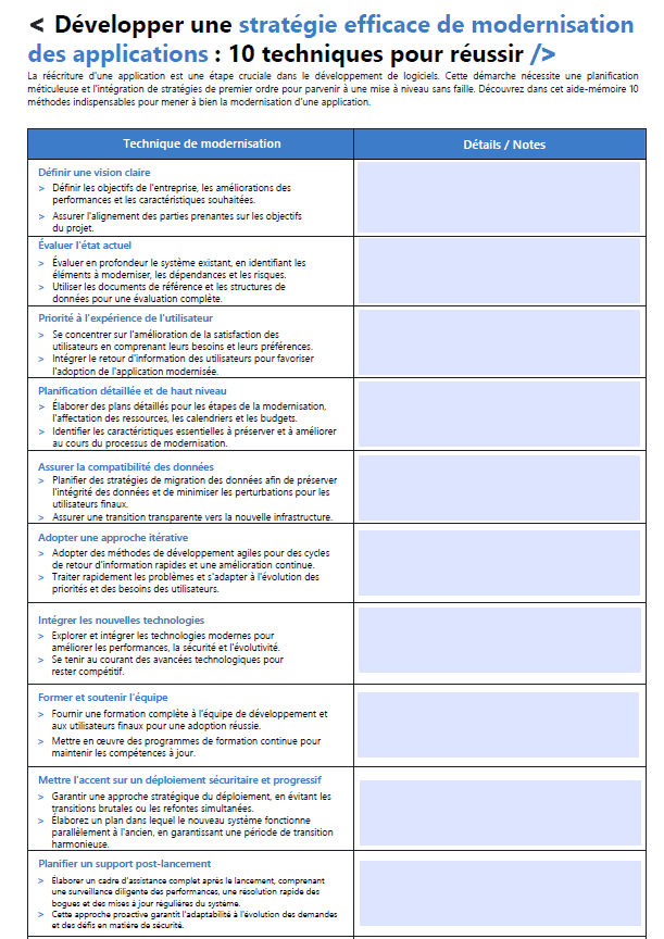 Transformez votre application avec notre Aide-mémoire de modernisation en 10 points Simplifiez la modernisation de votre application - Obtenez notre outil de contrôle gratuit