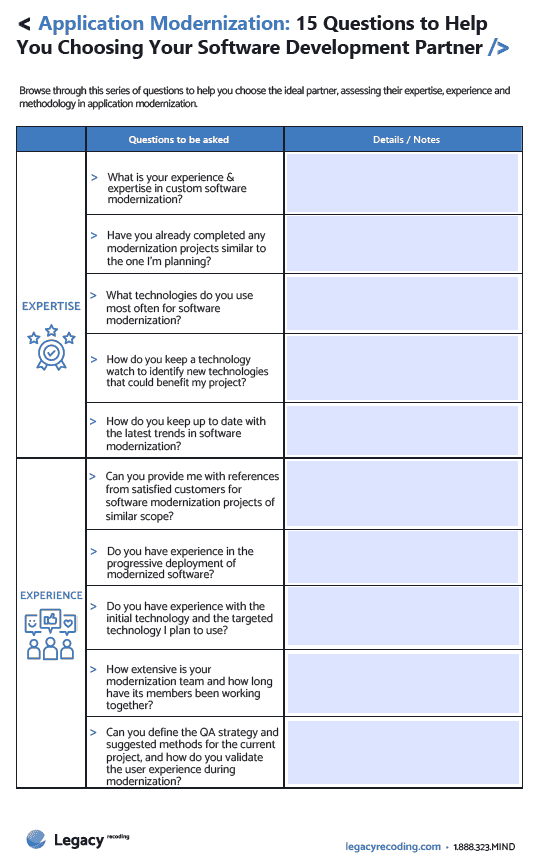 Application modernization : 15 questions cto be asked. Discover 15 key questions when choosing your software modernization partner Access our tool to maximize your chances of success in your application modernization project.