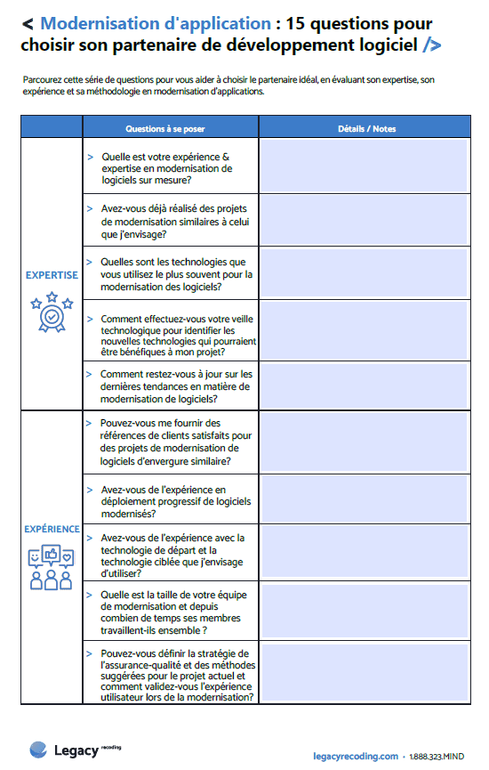 Modernisation des applications : 15 questions à se poser. Découvrez les 15 questions clés pour choisir votre partenaire de modernisation logicielle. Accédez à notre outil pour maximiser vos chances de réussite dans votre projet de modernisation d'applications.